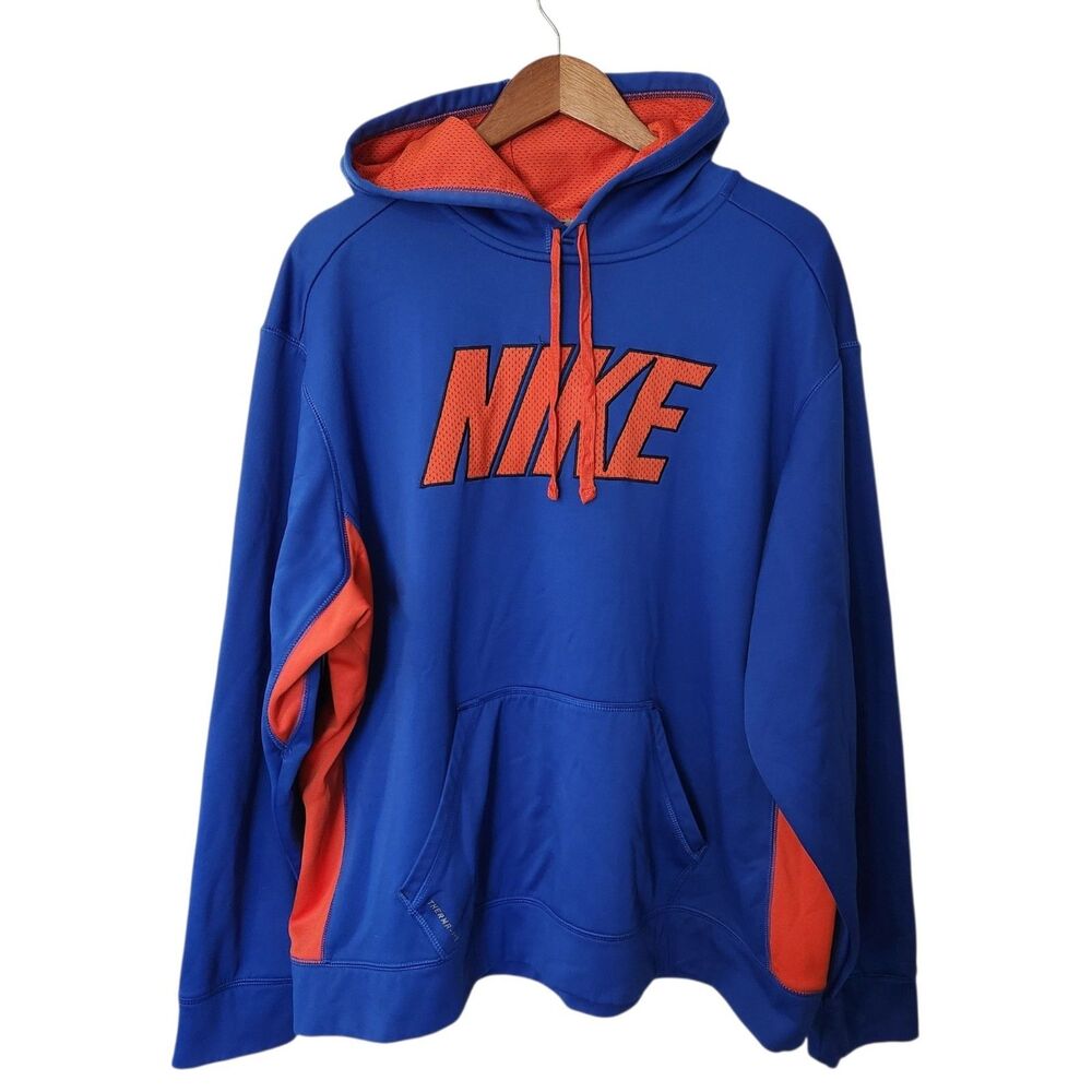 Nike Therma-Fit Mens XXL Blue Orange Long Sleeve Hoodie Sweatshirt Pockets